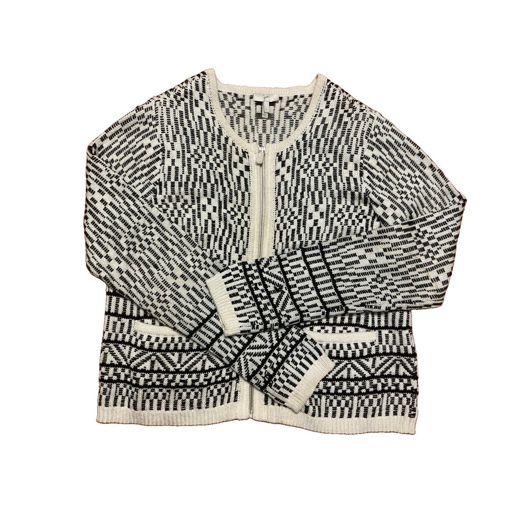 Joie Womens Sweater Lg Full Zip Geometric Boho Chunky Knit Linen Blend Off White